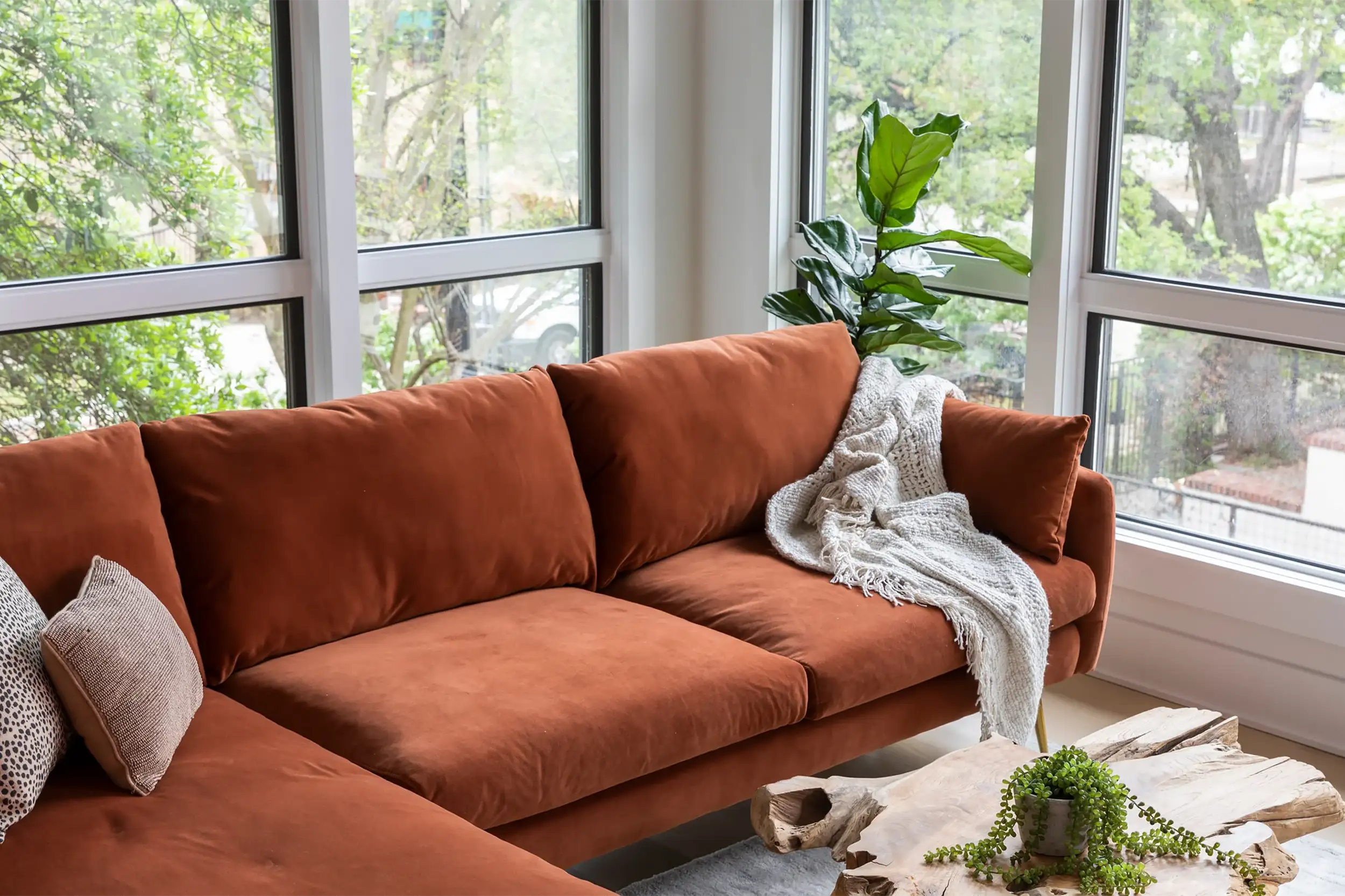 Rust velvet sectional online sofa
