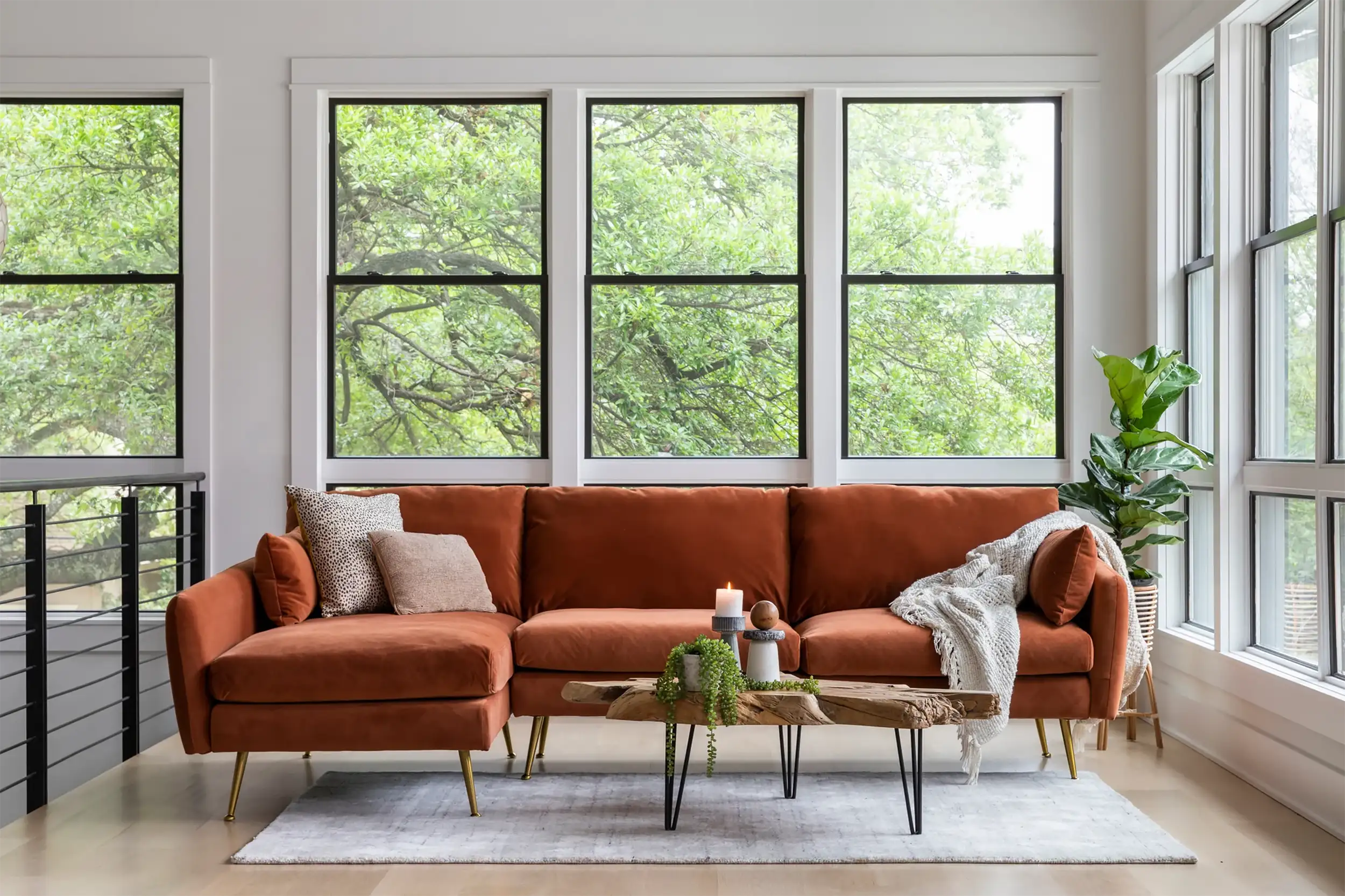 Rust velvet sectional discount sofa
