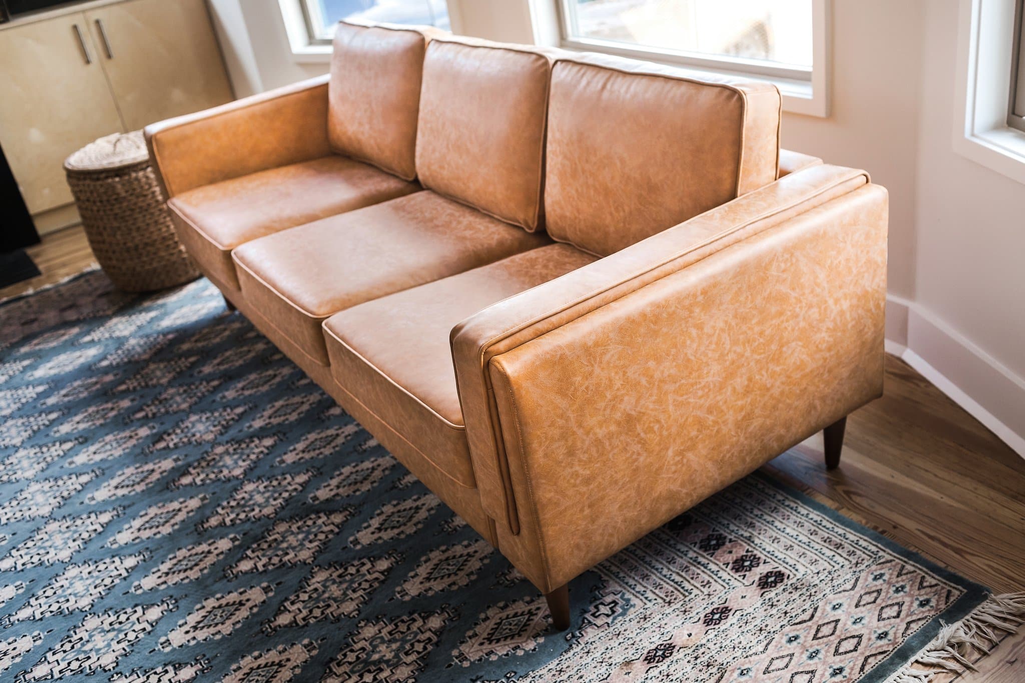 Albany Park Mid-Century Modern Couch - Cozy Designer Sofa Distressed Vegan Leather / Gold